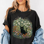 Black Cat Wildflower T-Shirt - Black / S - T-Shirt