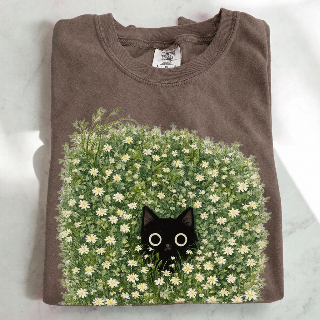 Black Cat Amongst Wildflowers Daisy T-Shirt