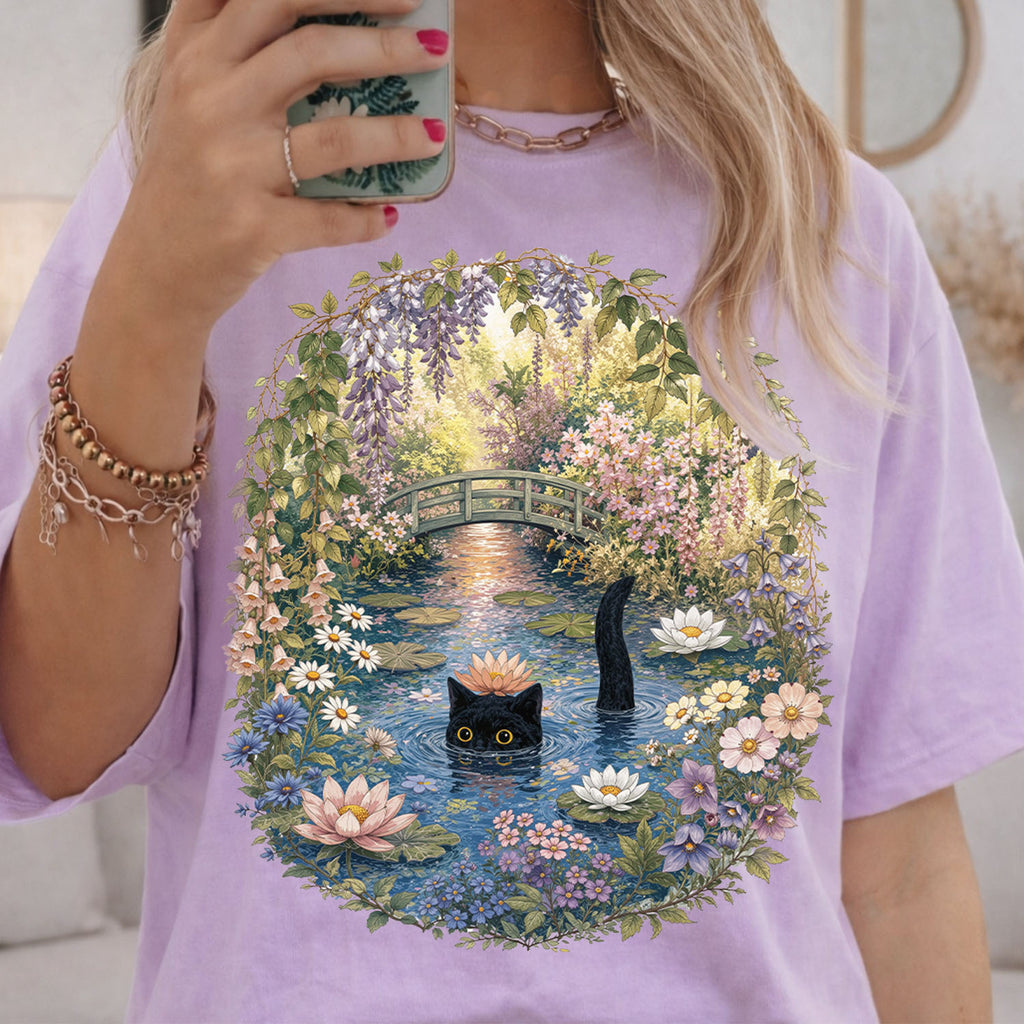 Black Cat Waterlily T-Shirt