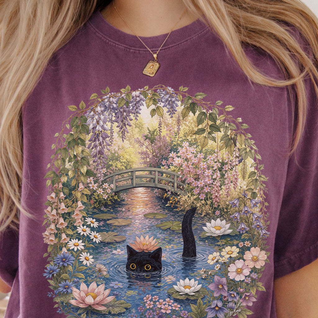 Black Cat Waterlily T-Shirt