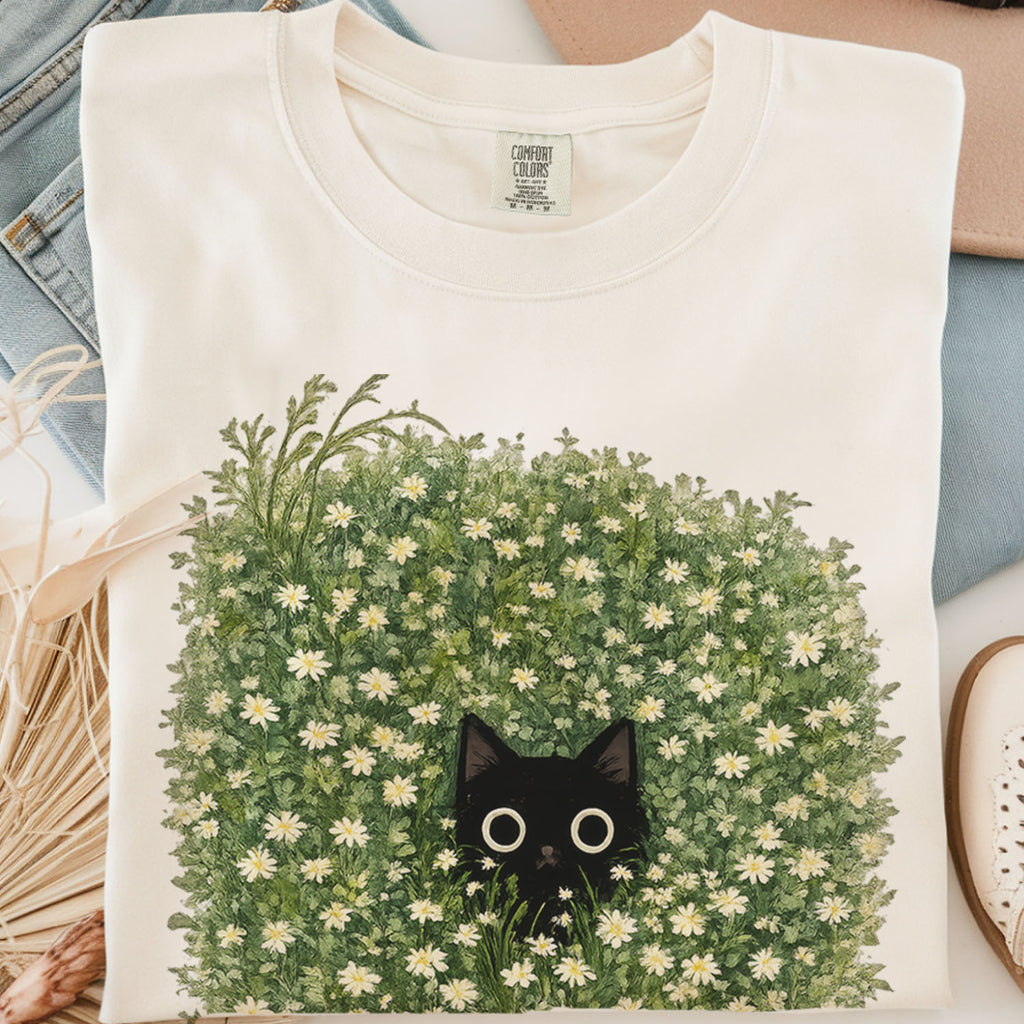 Black Cat Amongst Wildflowers Daisy T-Shirt