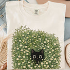 Black Cat Amongst Wildflowers Daisy T-Shirt