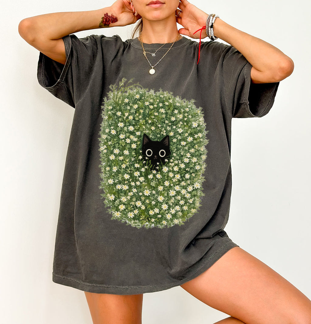 Black Cat Amongst Wildflowers Daisy T-Shirt