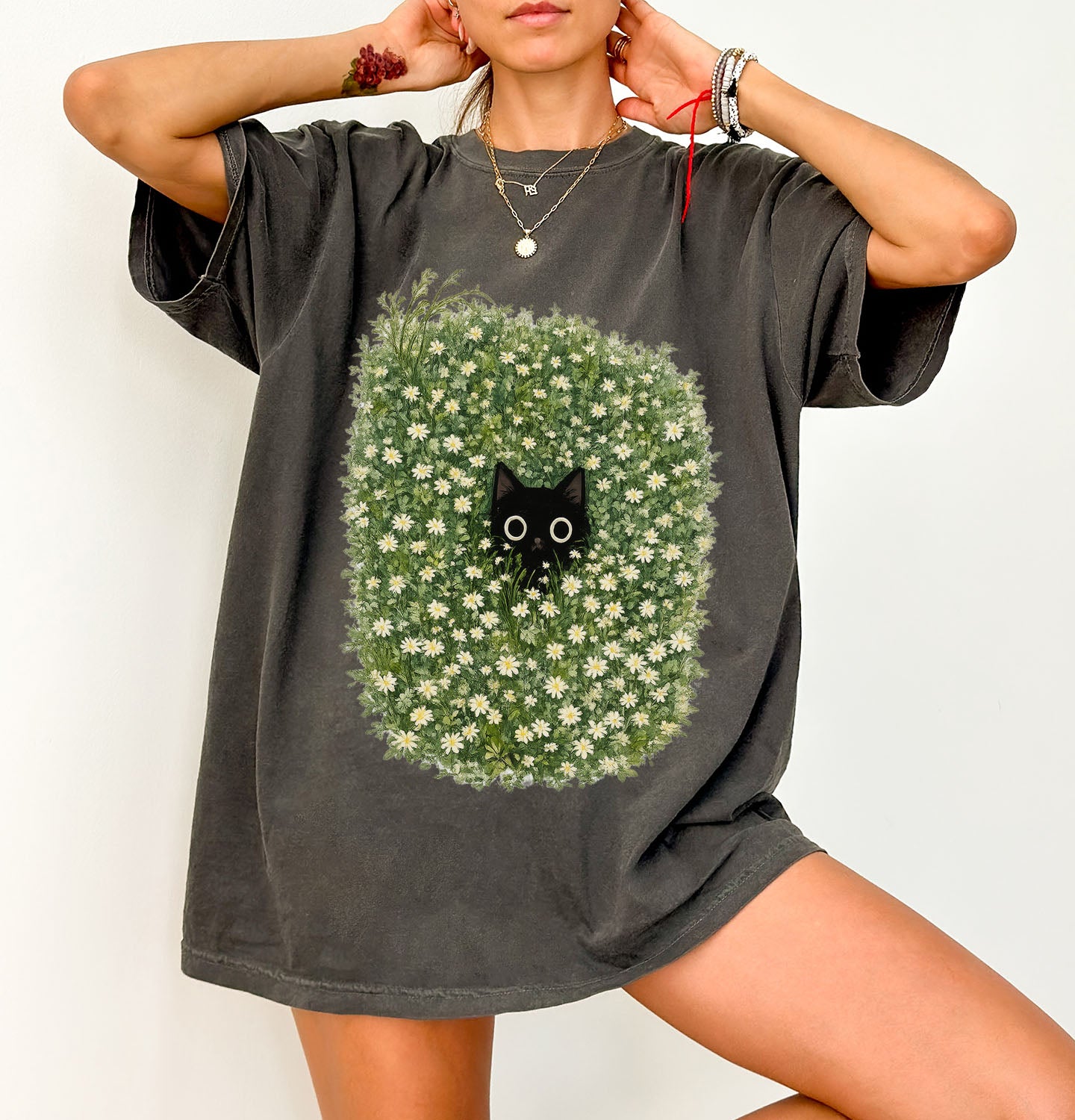 Black Cat Amongst Wildflowers Daisy T-Shirt