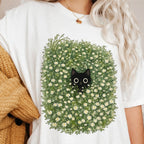 Black Cat Amongst Wildflowers Daisy T-Shirt