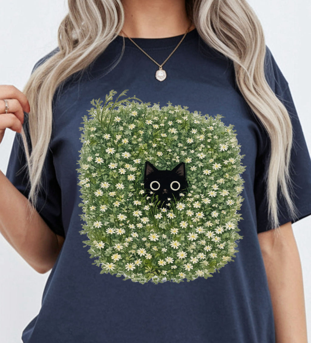 Black Cat Amongst Wildflowers Daisy T-Shirt