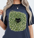 Black Cat Amongst Wildflowers Daisy T-Shirt
