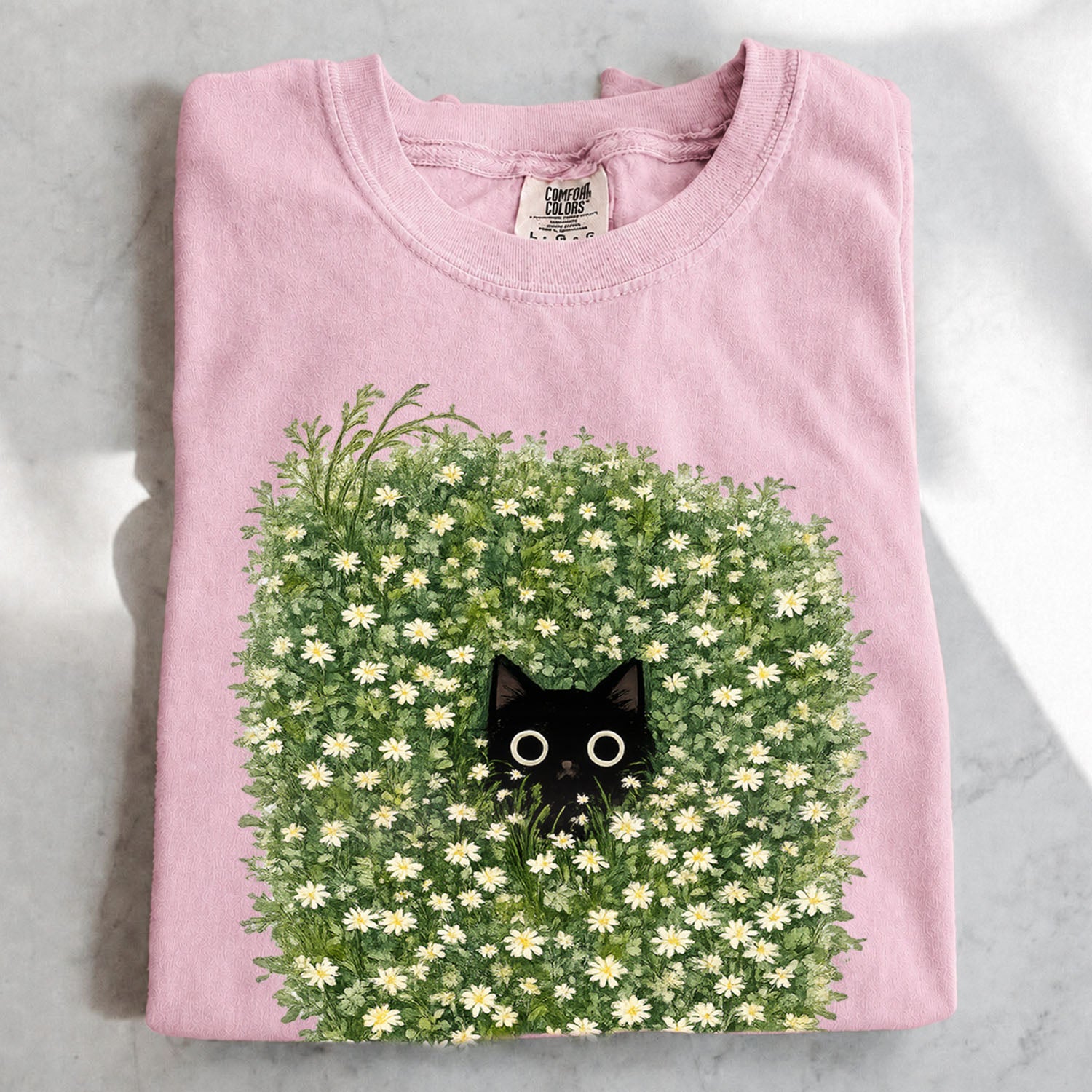 Black Cat Amongst Wildflowers Daisy T-Shirt