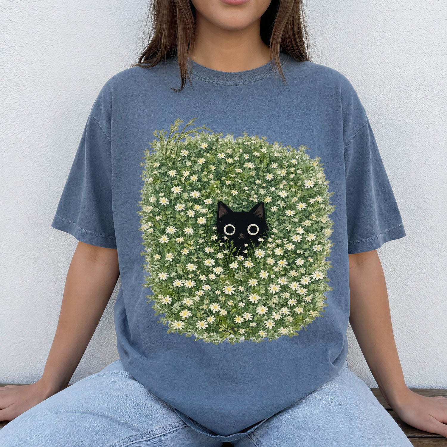 Black Cat Amongst Wildflowers Daisy T-Shirt