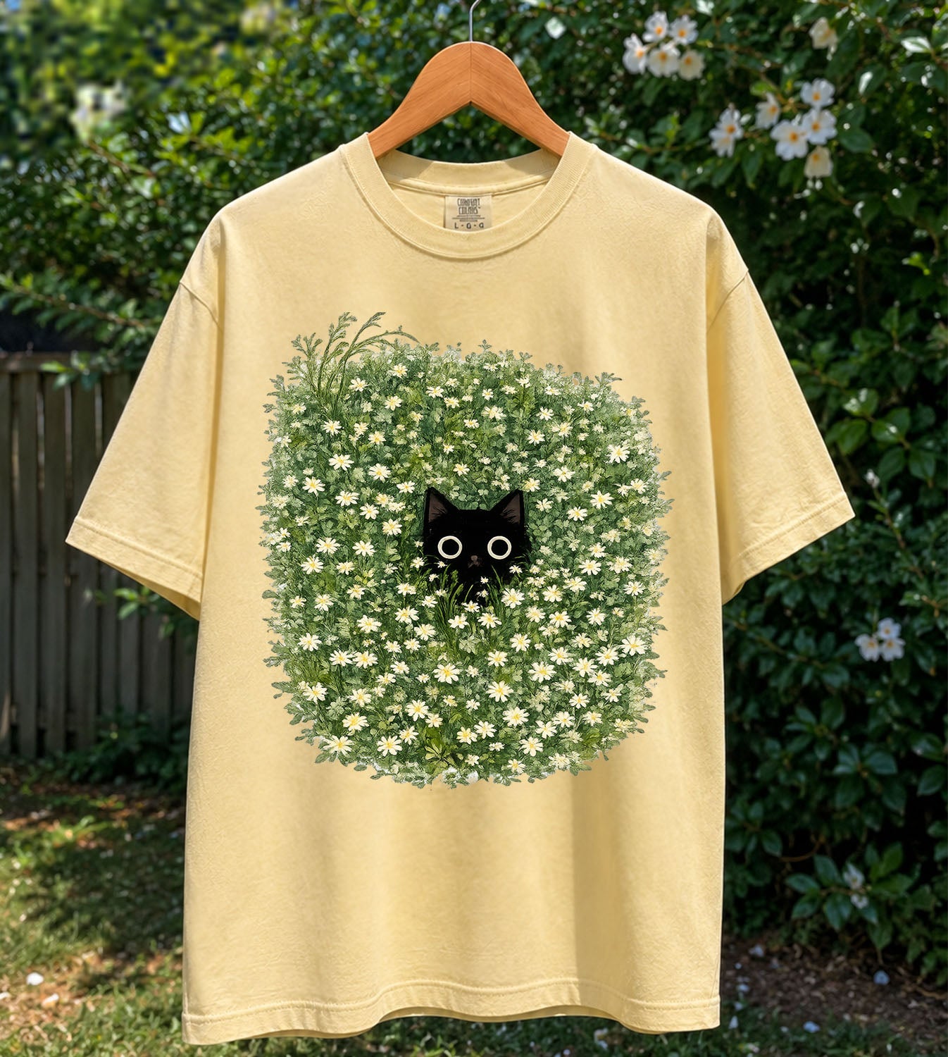 Black Cat Amongst Wildflowers Daisy T-Shirt