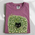 Black Cat Amongst Wildflowers Daisy T-Shirt