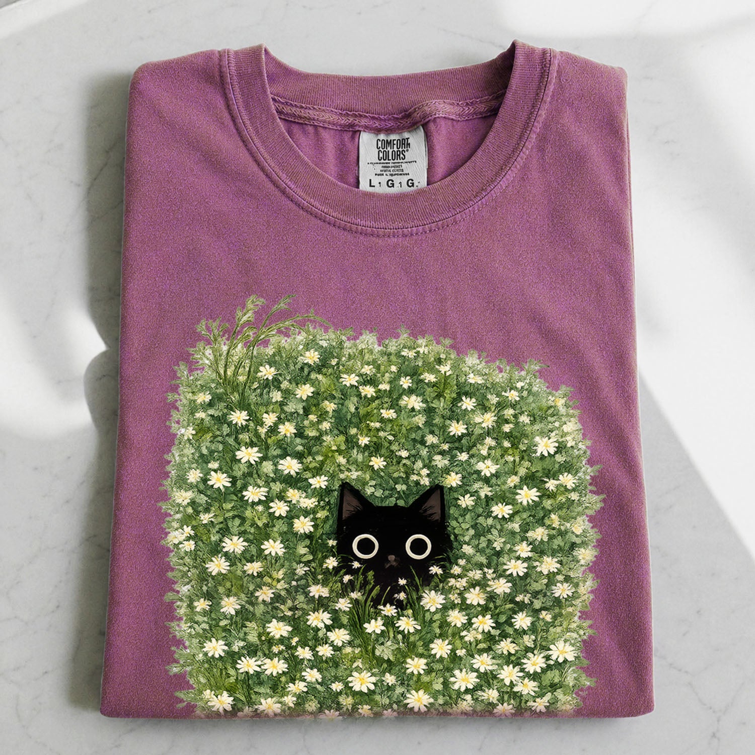 Black Cat Amongst Wildflowers Daisy T-Shirt