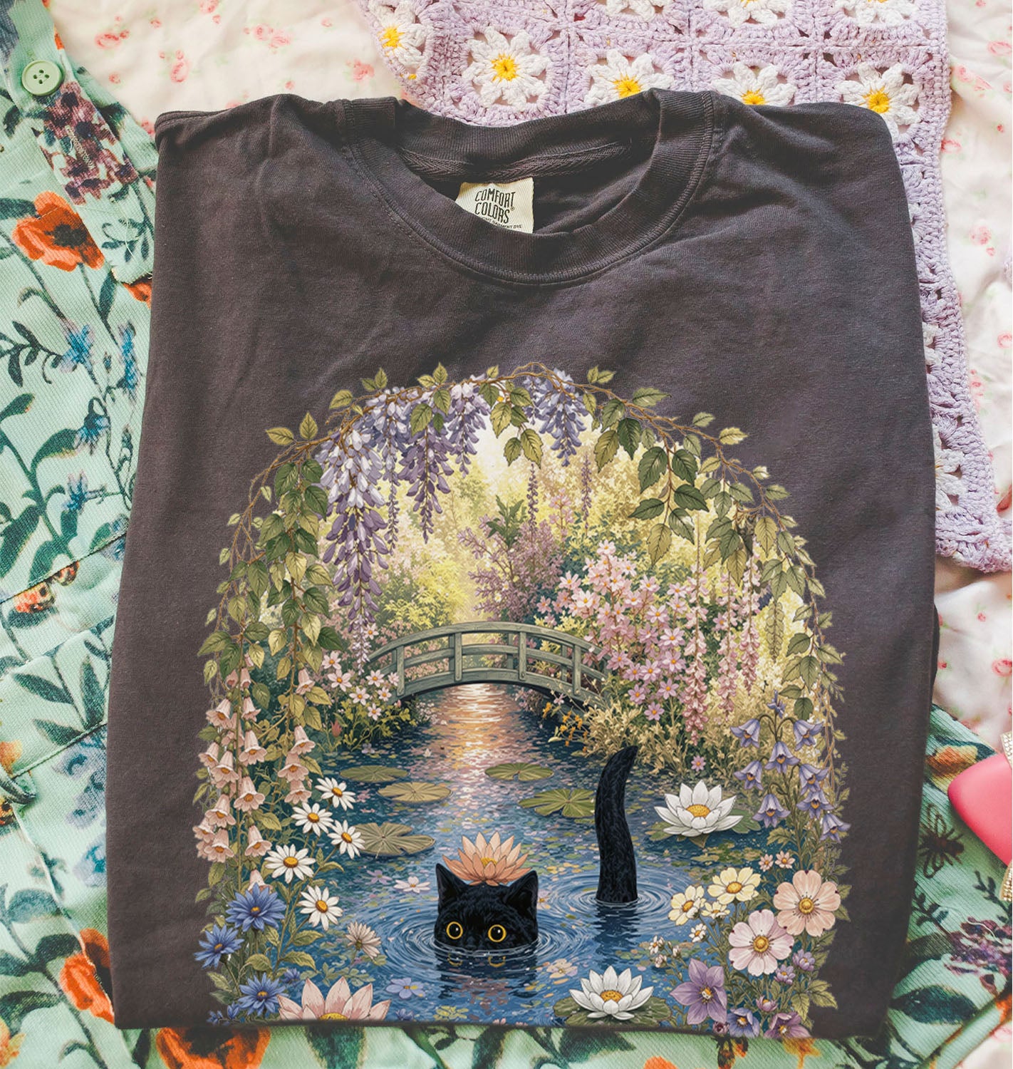Black Cat Waterlily T-Shirt