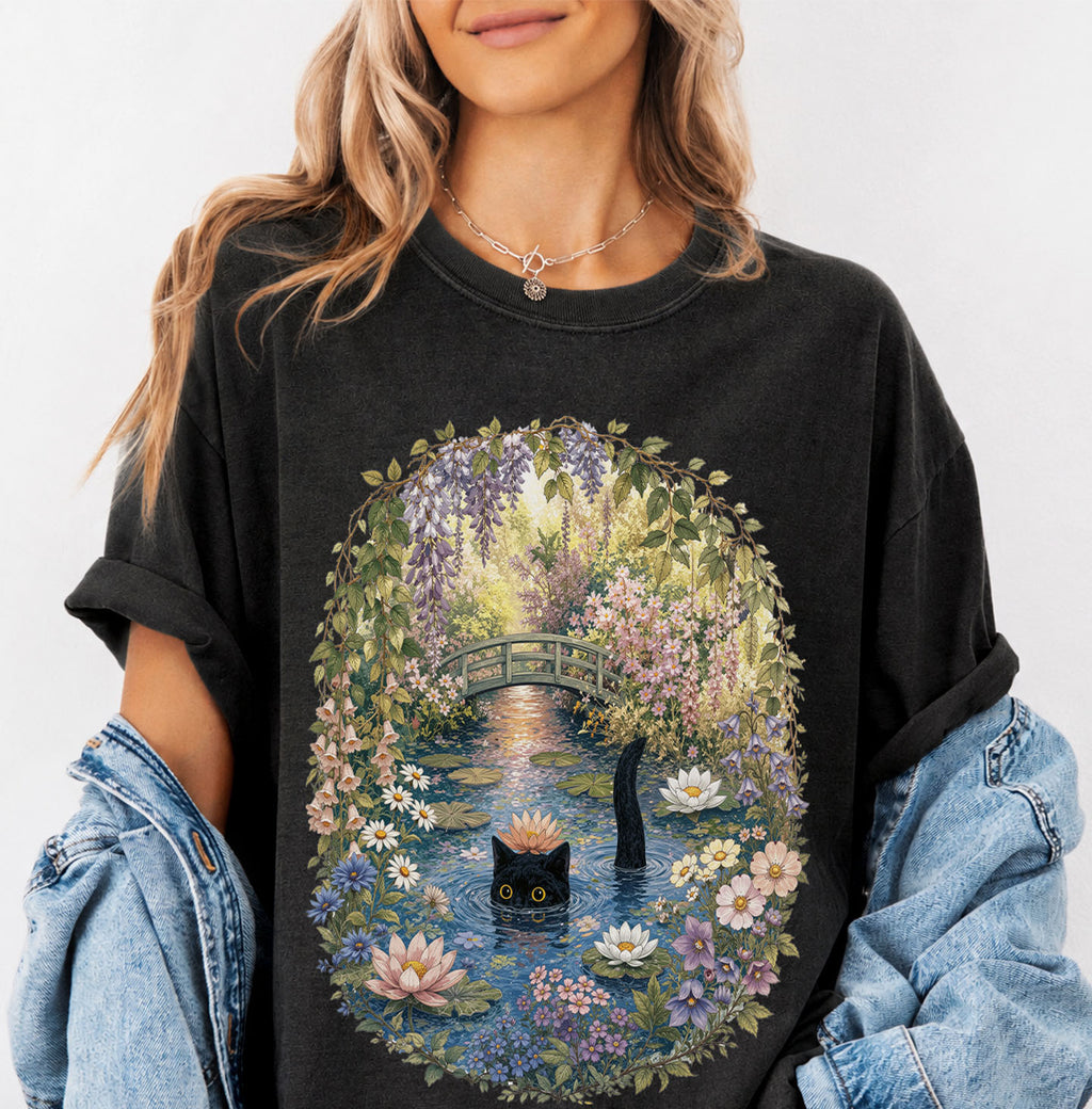 Black Cat Waterlily T-Shirt