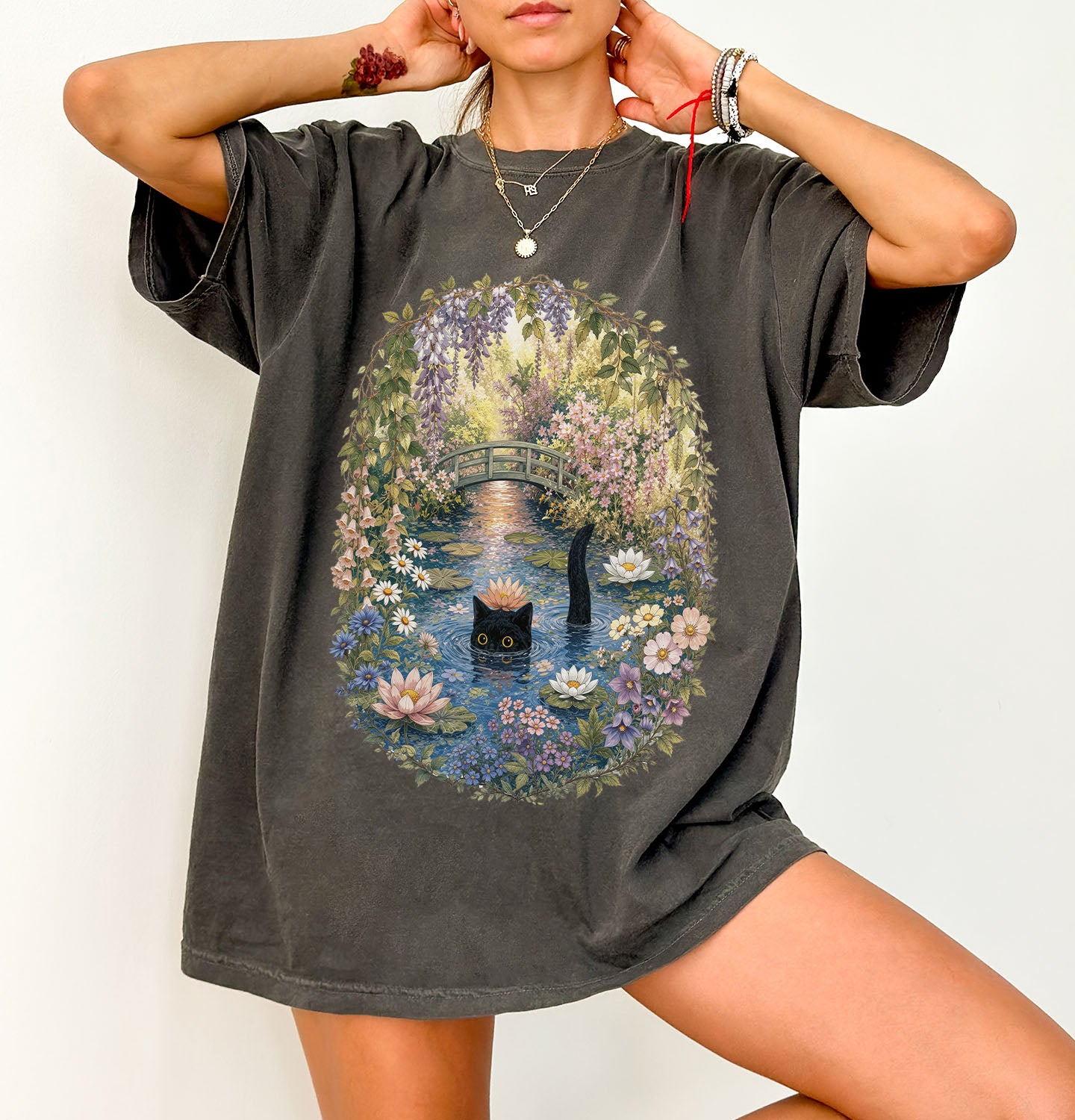 Black Cat Waterlily T-Shirt