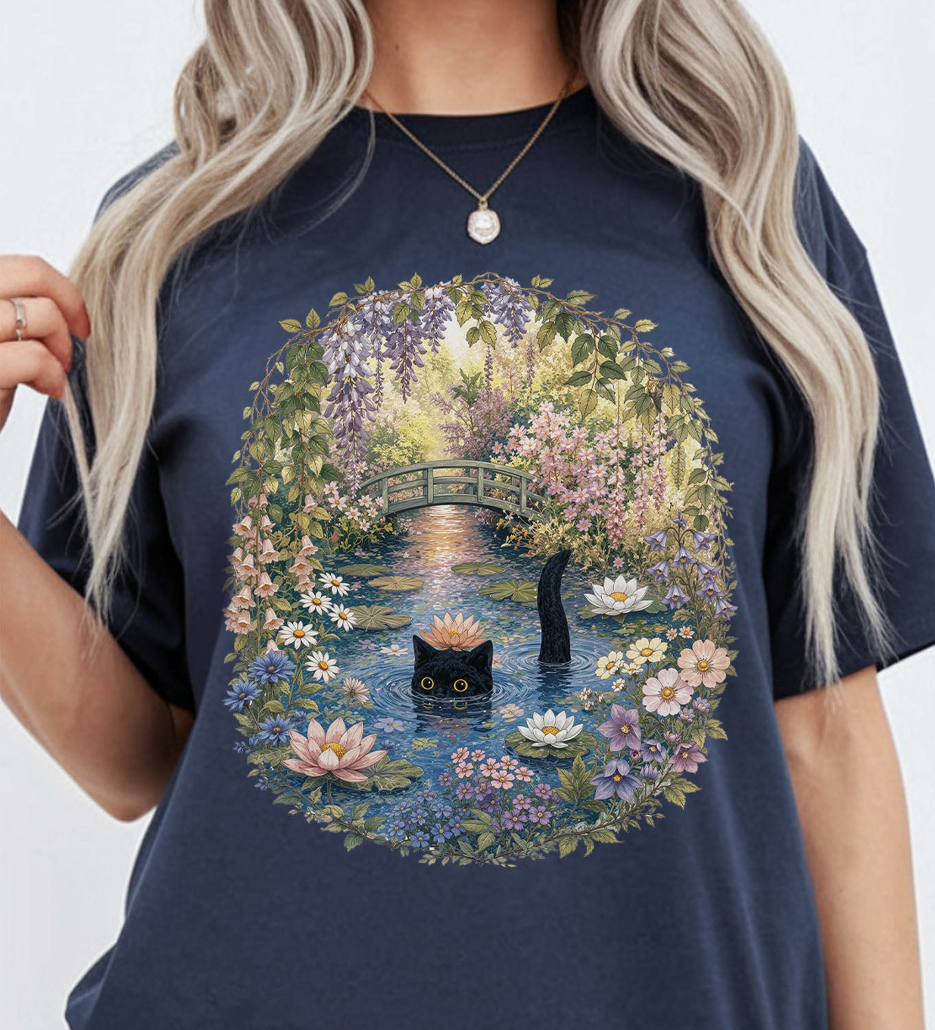 Black Cat Waterlily T-Shirt