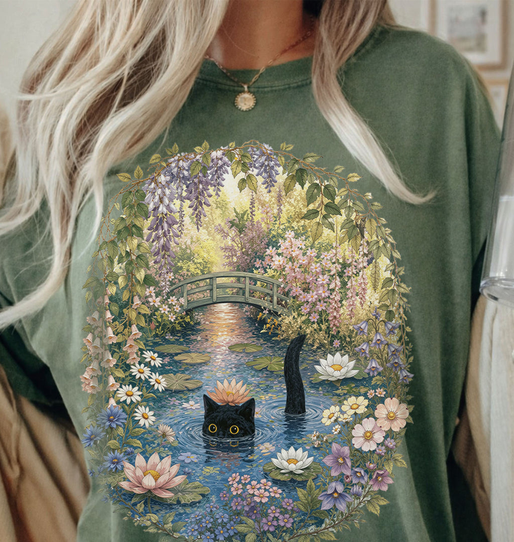Black Cat Waterlily T-Shirt