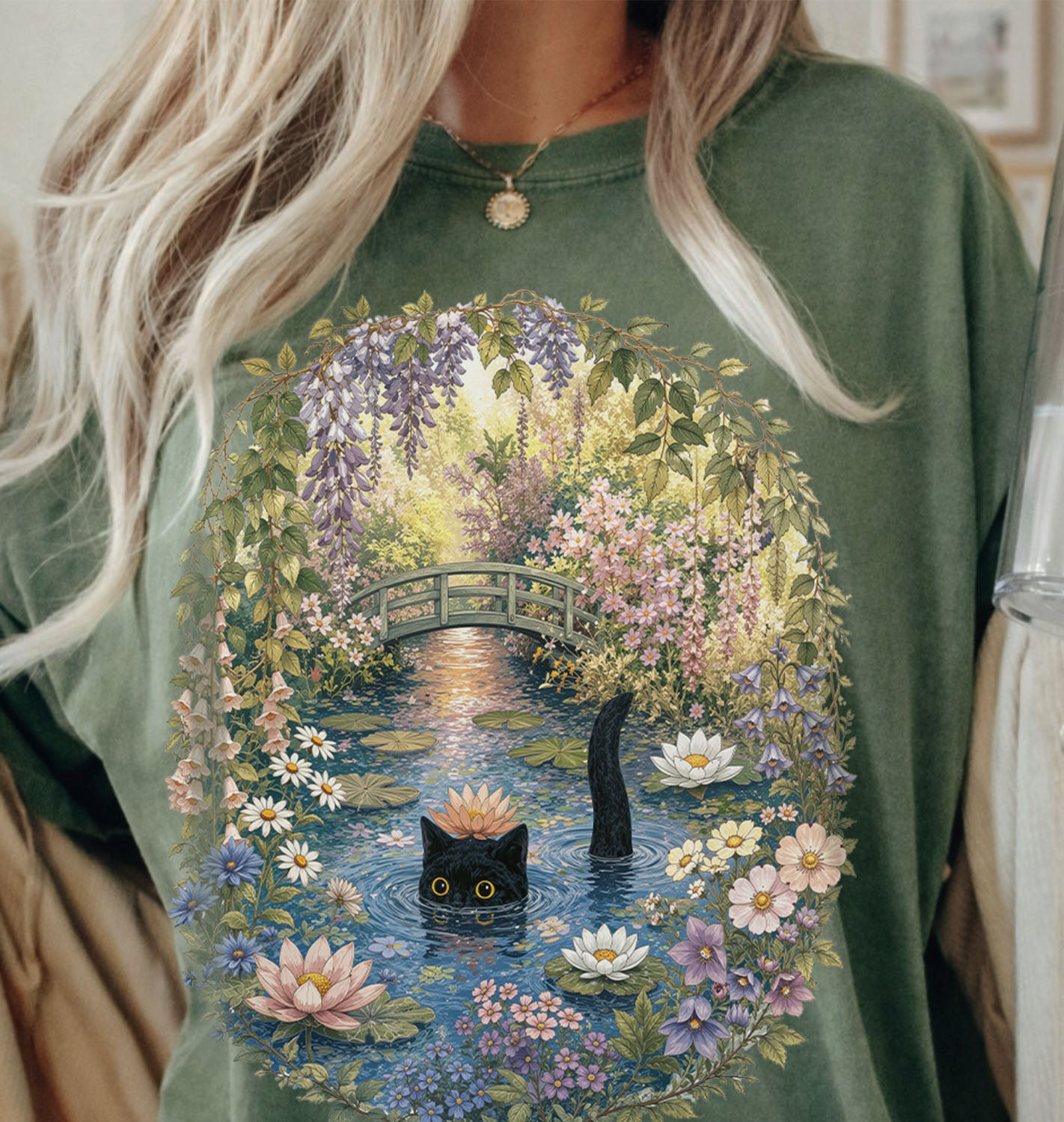 Black Cat Waterlily T-Shirt