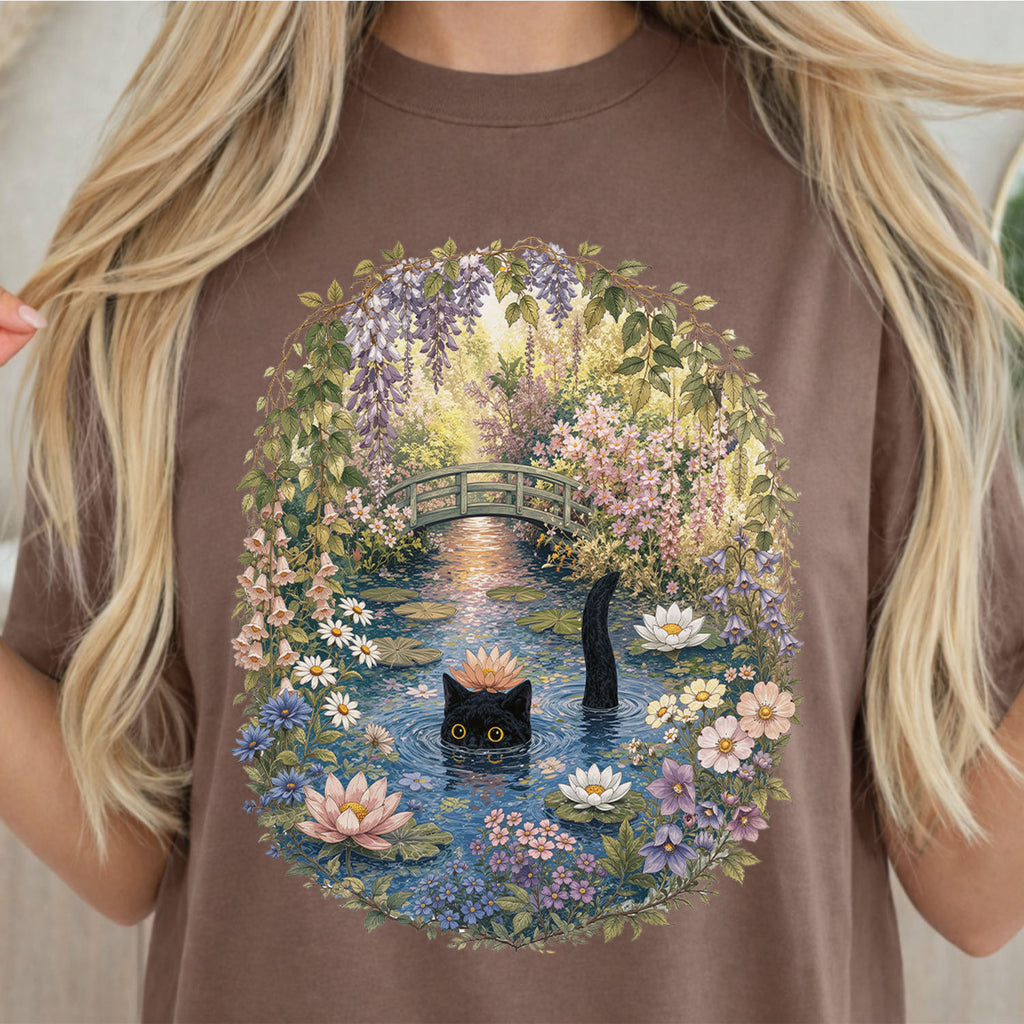 Black Cat Waterlily T-Shirt