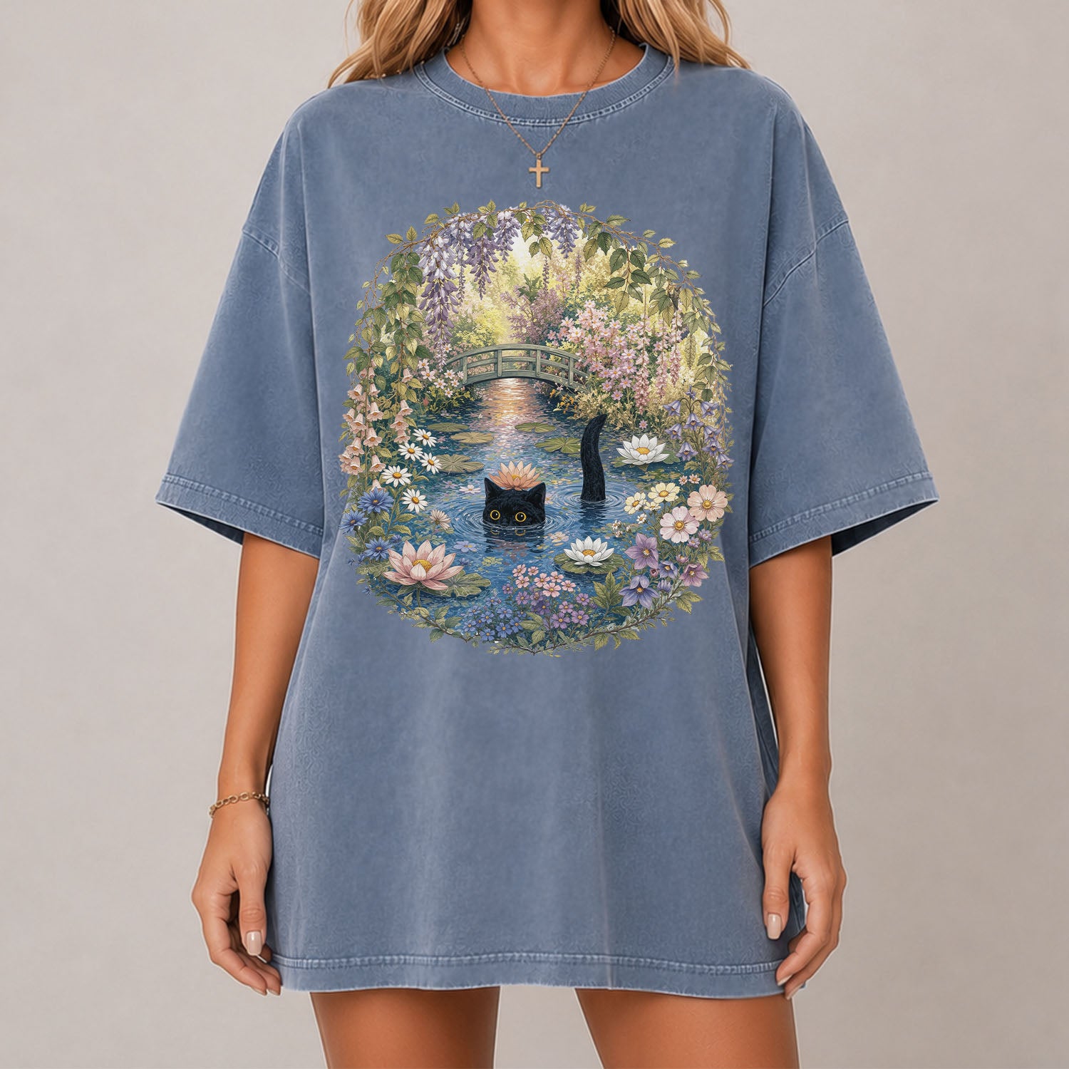 Black Cat Waterlily T-Shirt