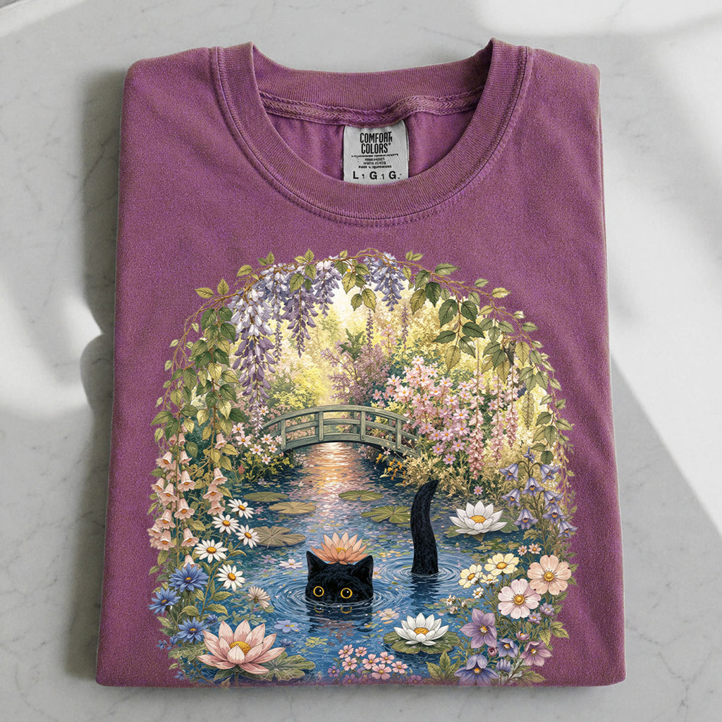 Black Cat Waterlily T-Shirt