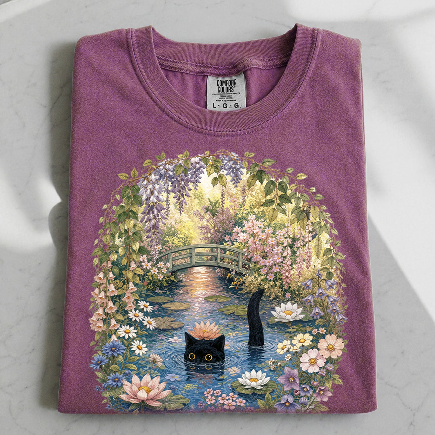 Black Cat Waterlily T-Shirt