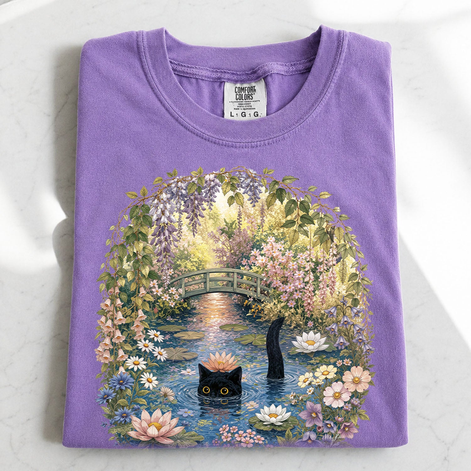 Black Cat Waterlily T-Shirt