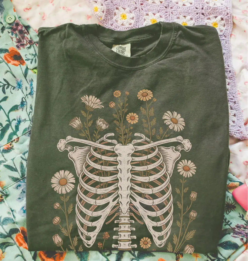 Blooming Bones Skeleton T-Shirt - Moss / S - T-Shirt