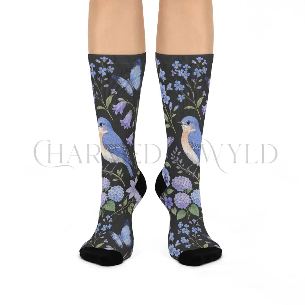 Blue Bird Wildflower Socks - One size / 3/4 Crew - All Over Prints