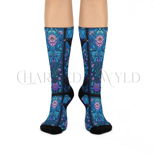 Blue Mosaic Stained Glass Raven Adults Unisex Socks