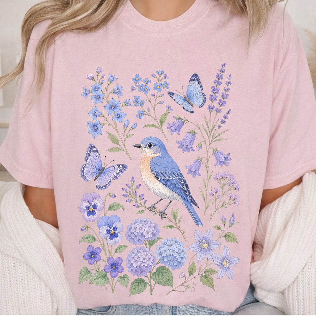 Bluebirds Floral Garden T-Shirt