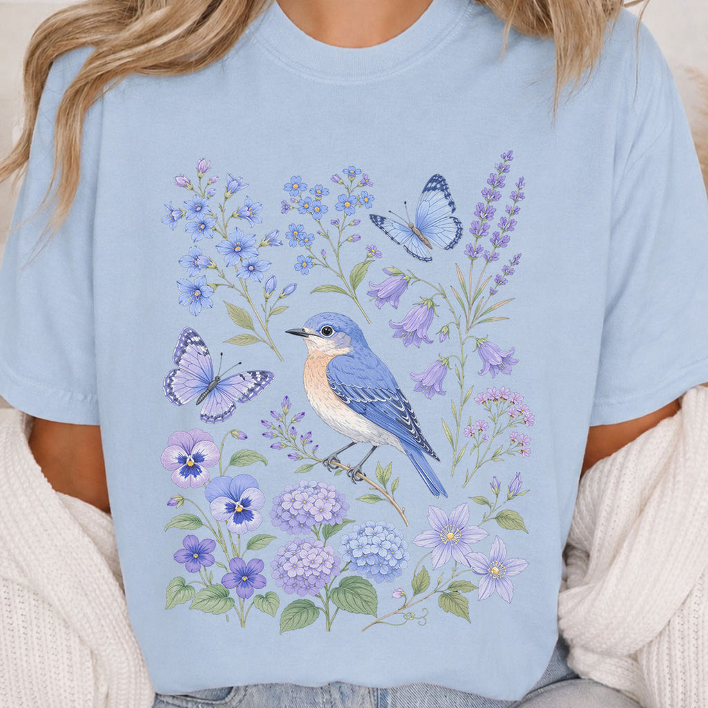 Bluebirds Floral Garden T-Shirt