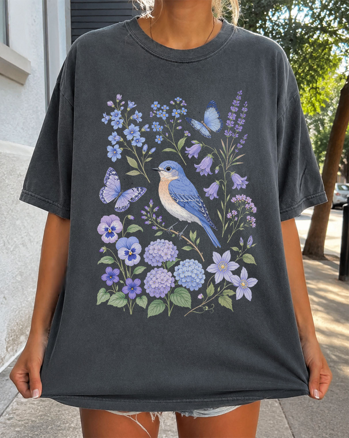 Bluebirds Floral Garden T-Shirt