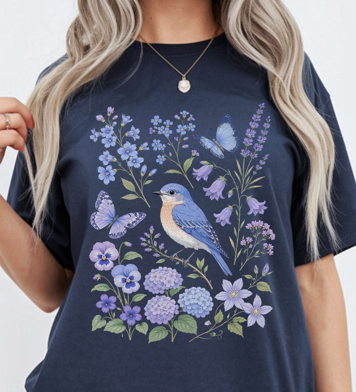 Bluebirds Floral Garden T-Shirt