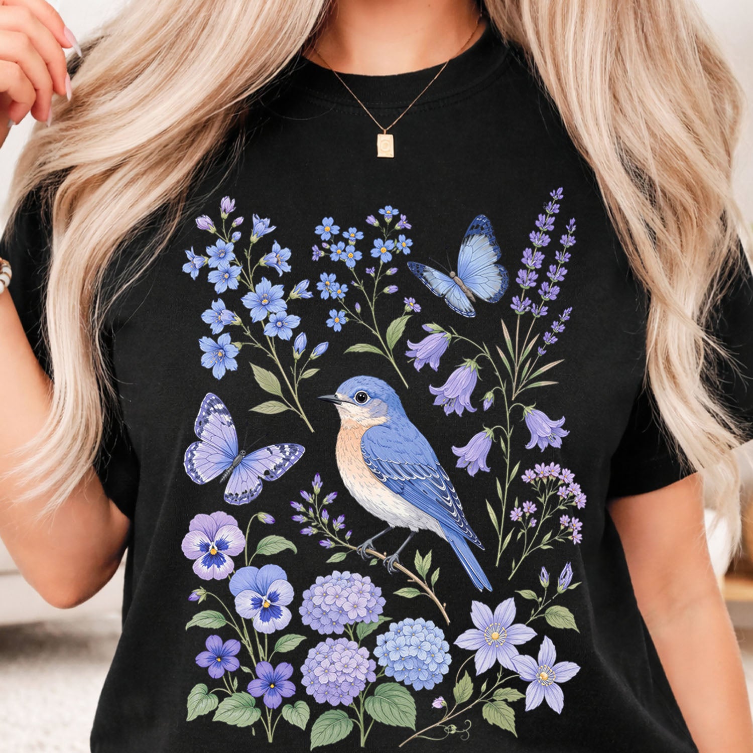 Bluebirds Floral Garden T-Shirt