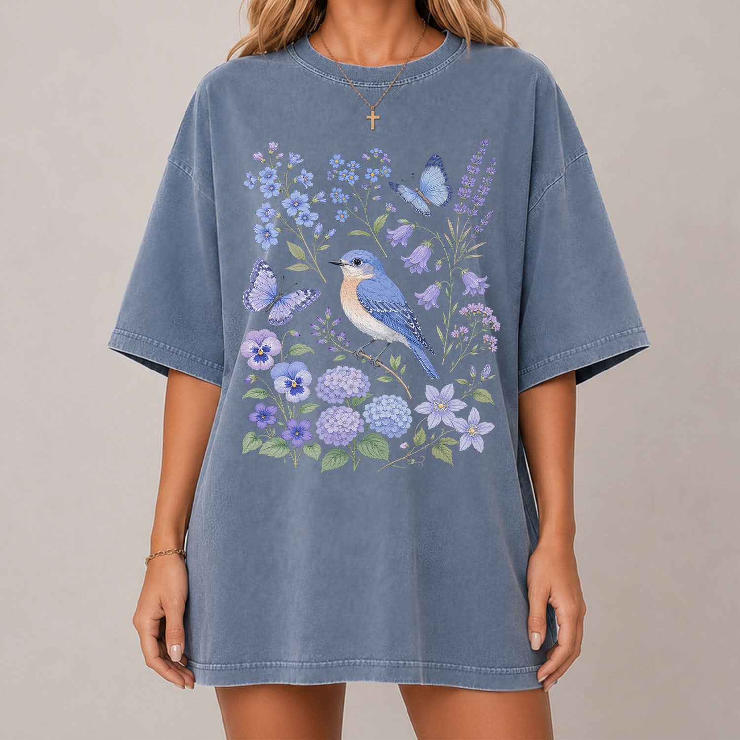 Bluebirds Floral Garden T-Shirt