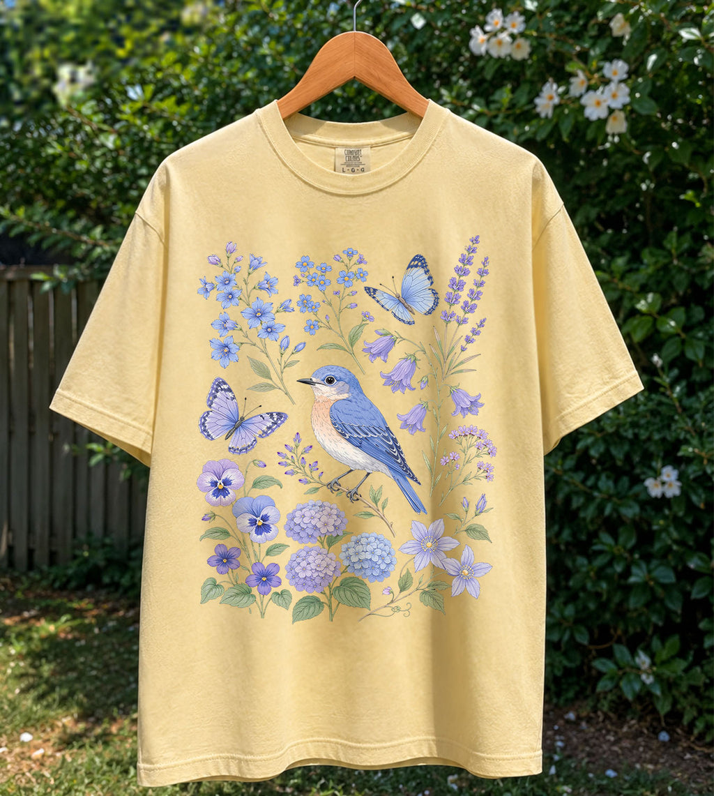 Bluebirds Floral Garden T-Shirt
