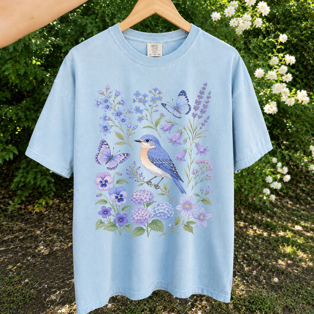 Bluebirds Floral Garden T-Shirt