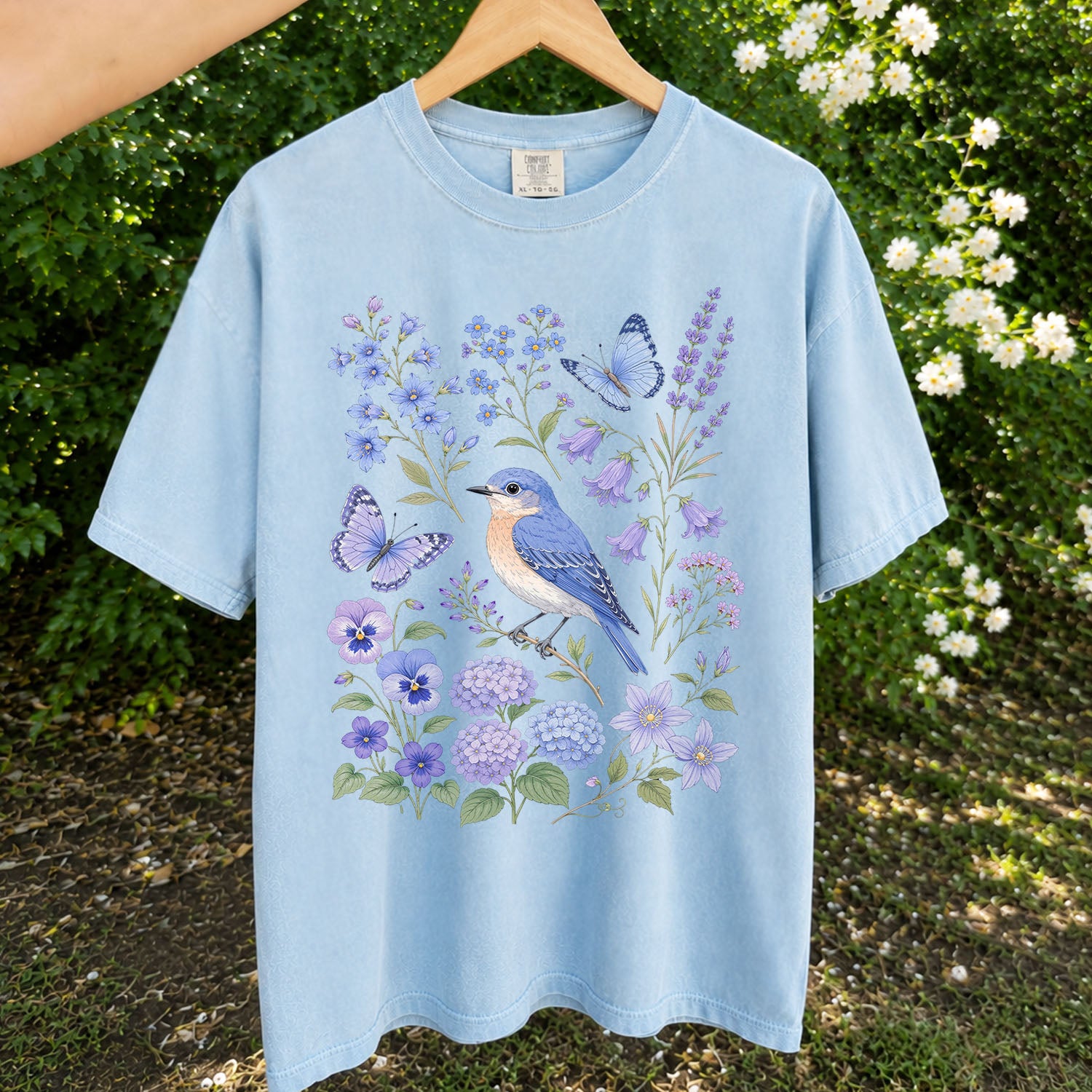 Bluebirds Floral Garden T-Shirt