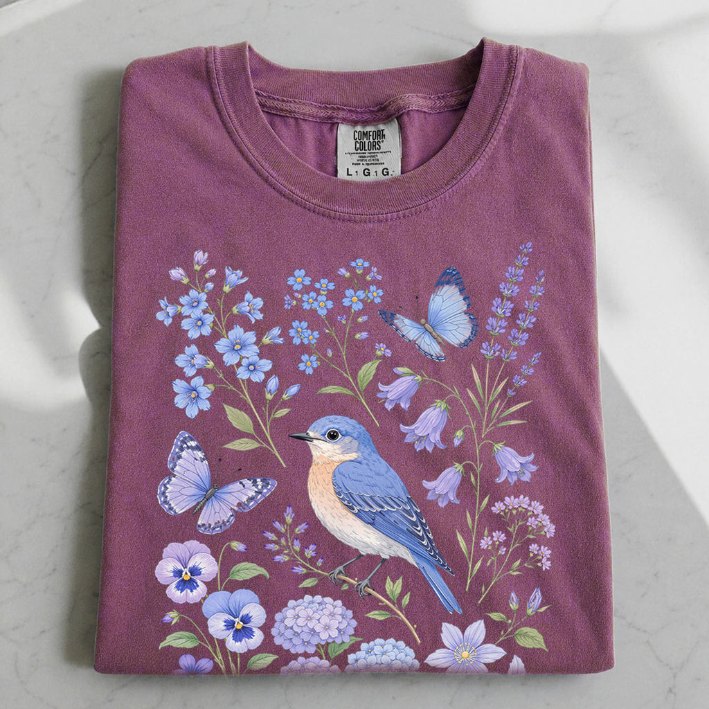 Bluebirds Floral Garden T-Shirt