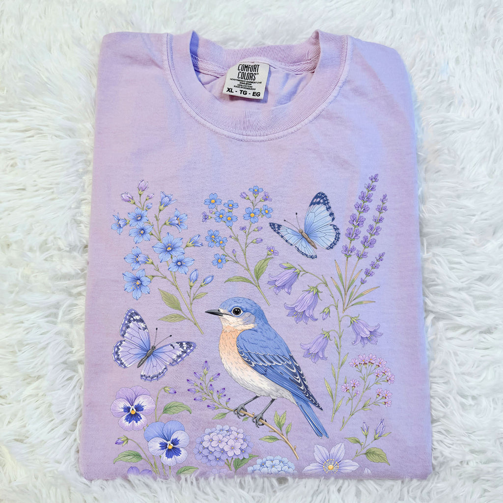 Bluebirds Floral Garden T-Shirt