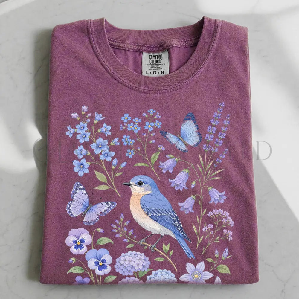 Bluebirds Floral Garden T-Shirt - Berry / S - T-Shirt
