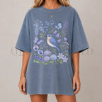 Bluebirds Floral Garden T-Shirt - Blue Jean / S - T-Shirt