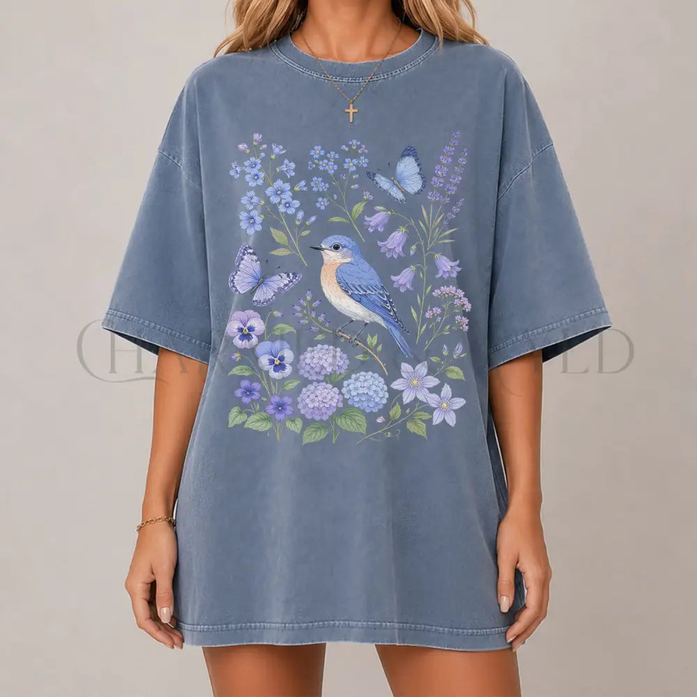 Bluebirds Floral Garden T-Shirt - Blue Jean / S - T-Shirt