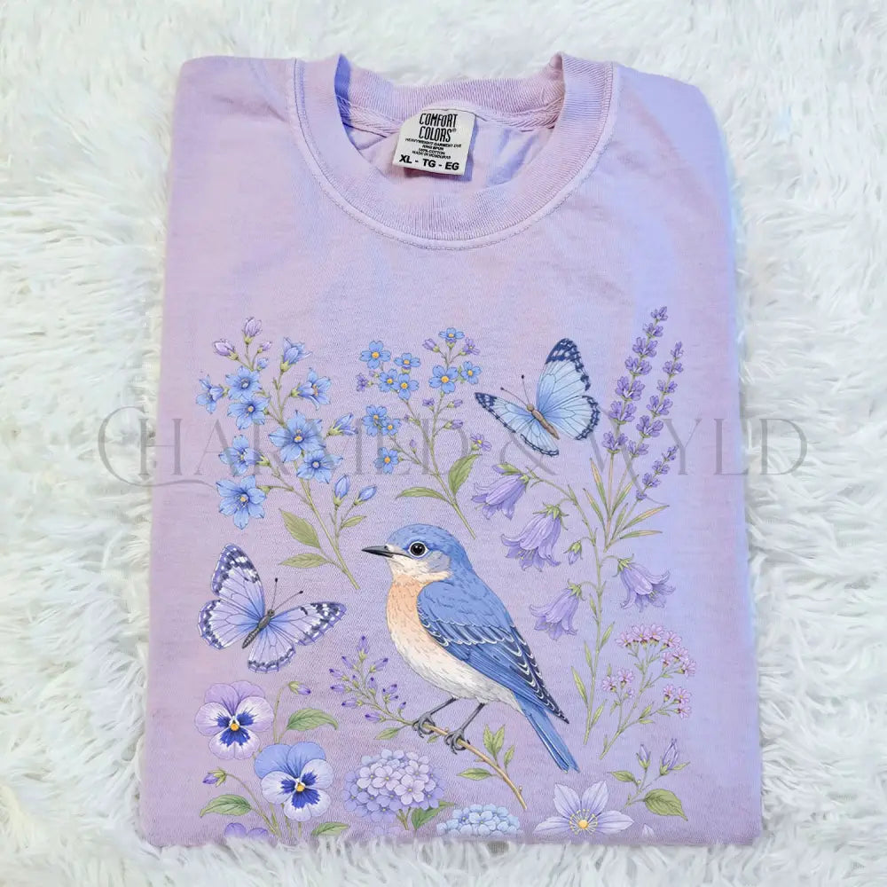 Bluebirds Floral Garden T-Shirt - Orchid / S - T-Shirt