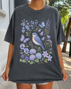 Bluebirds Floral Garden T-Shirt - Pepper / S - T-Shirt