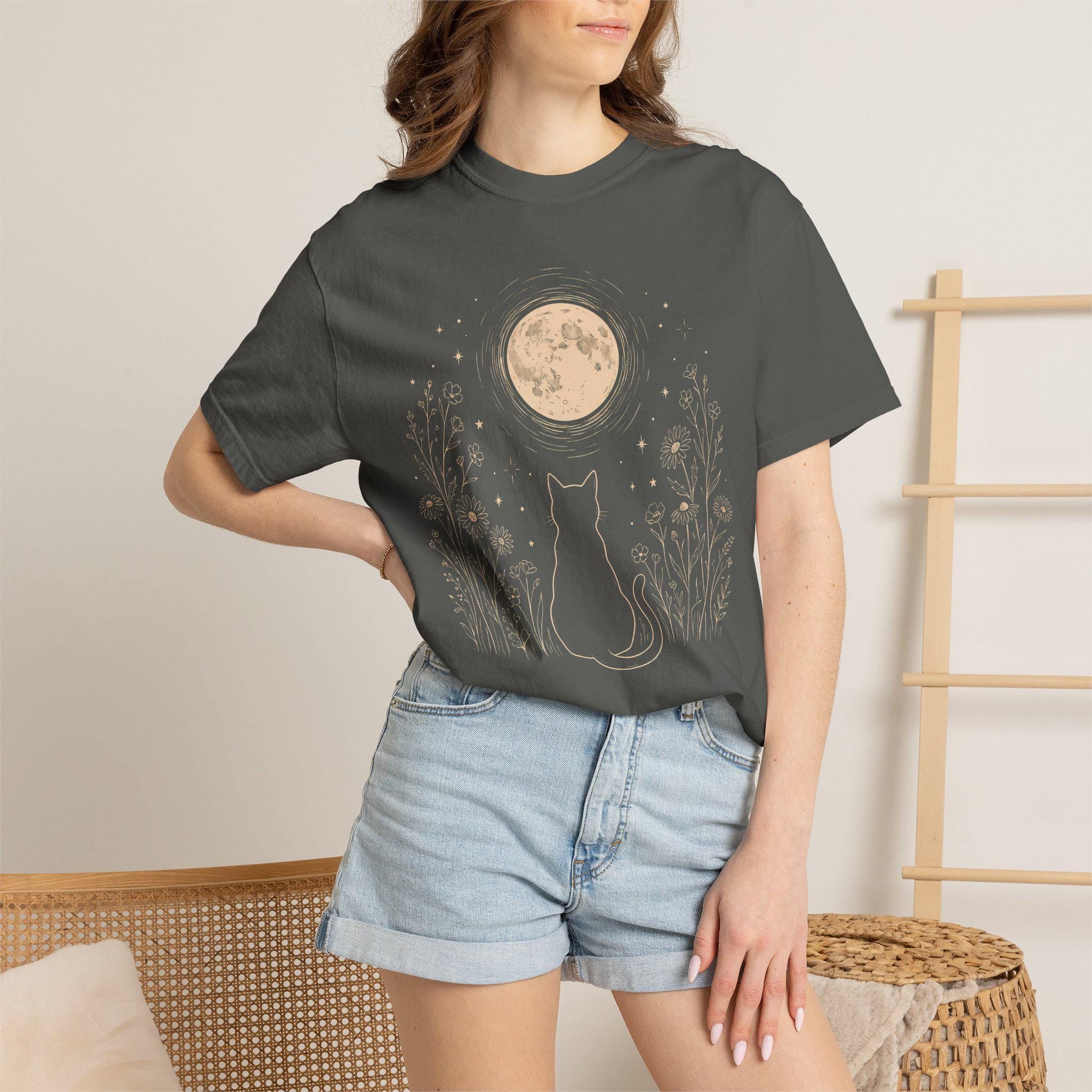 Stargazing Cat Moon T-shirt, Comfort Colors Wildflower Graphic Tee, Witchy Cottagecore Animal Womens Top