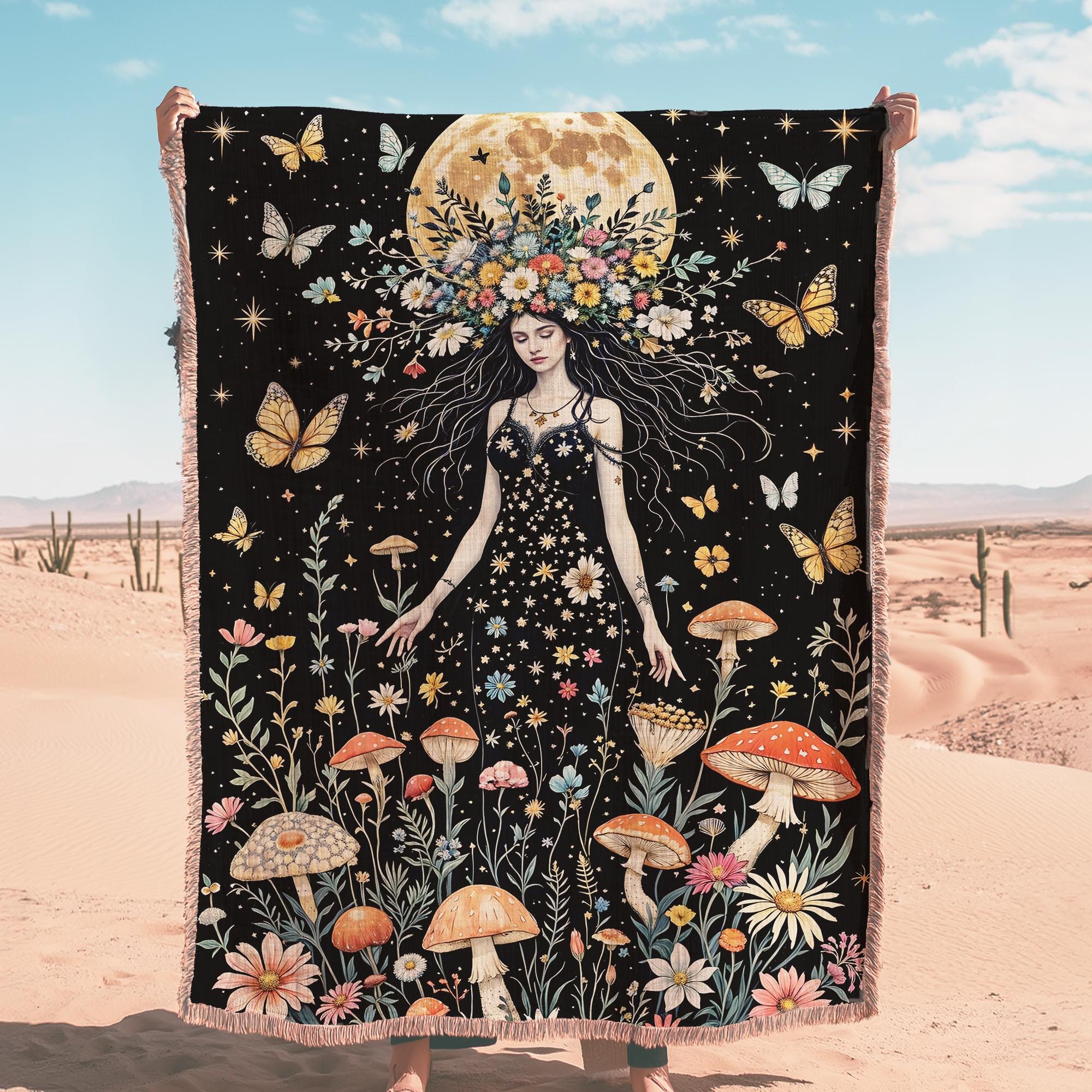 Wildflower Goddess Fringe Throw Blanket, Gothic Witchy Picnic Blanket, Cottagecore Woven Soft Flannel Throw, Bedroom Lounge Home Decor