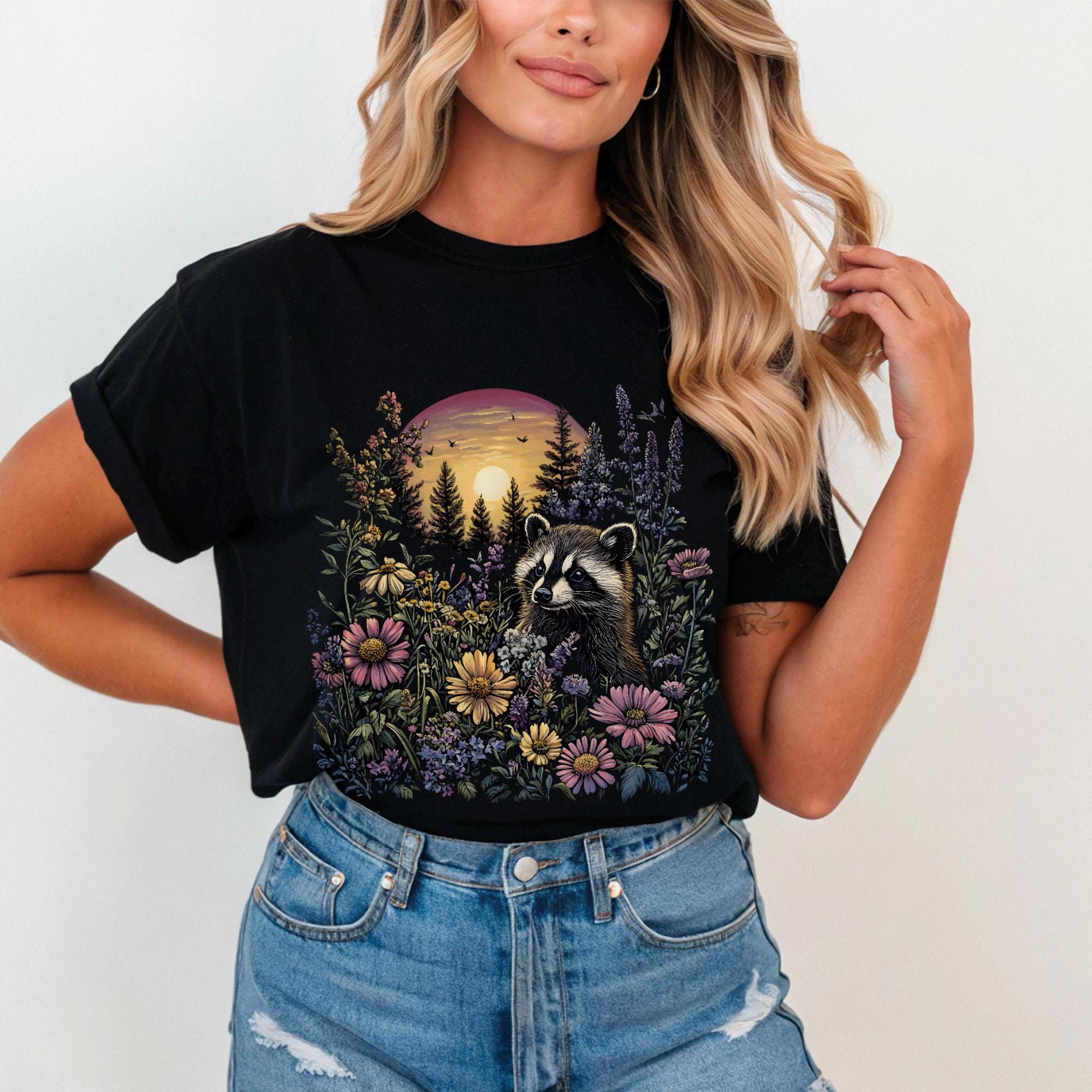 Raccoon Wildflower T-shirt, Comfort Colors Cottagecore Graphic Tee, Gothic Forest Floral Botanical Witchy Animal Womens Top