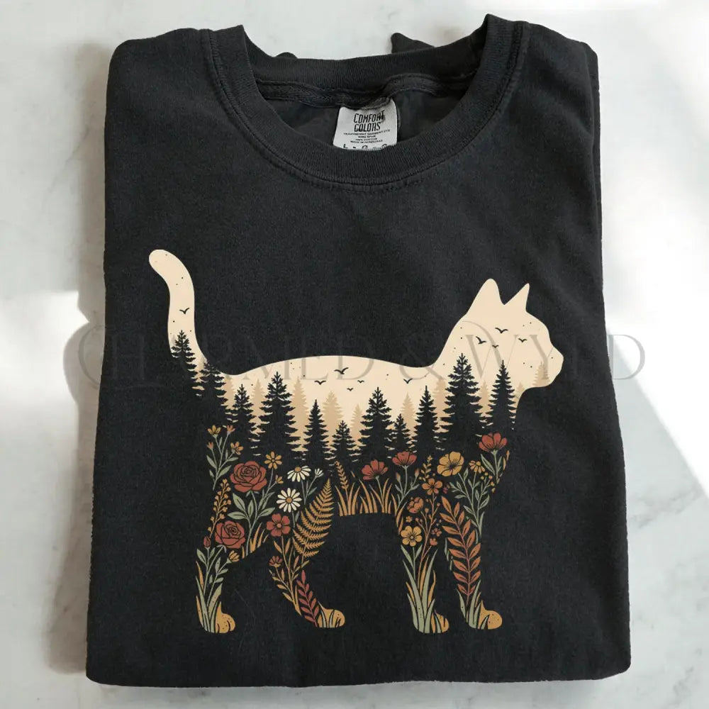 Cat Wildflower Graphic T-Shirt - Black / S - T-Shirt
